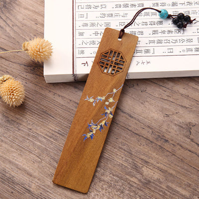 Buddha Stones 4Pcs Four Seasons Plum Orchid Bamboo Chrysanthemum Peking Opera Mask Wood Bookmarks With Gift Box Bookmarks BS 5