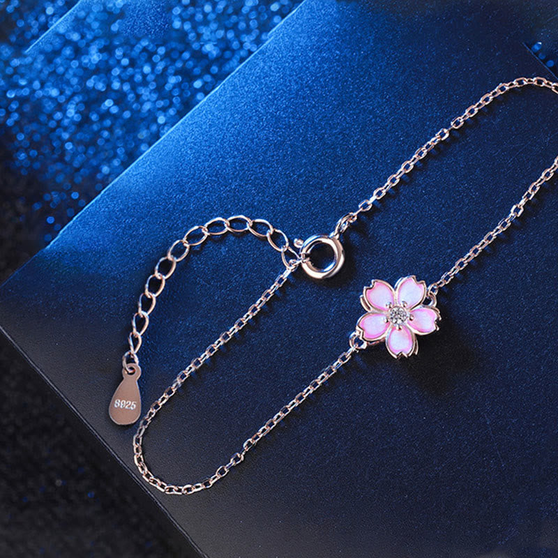 Buddha Stones 925 Sterling Silver Cherry Blossom Blessing Chain Bracelet Rotatable Ring Bracelet BS 9