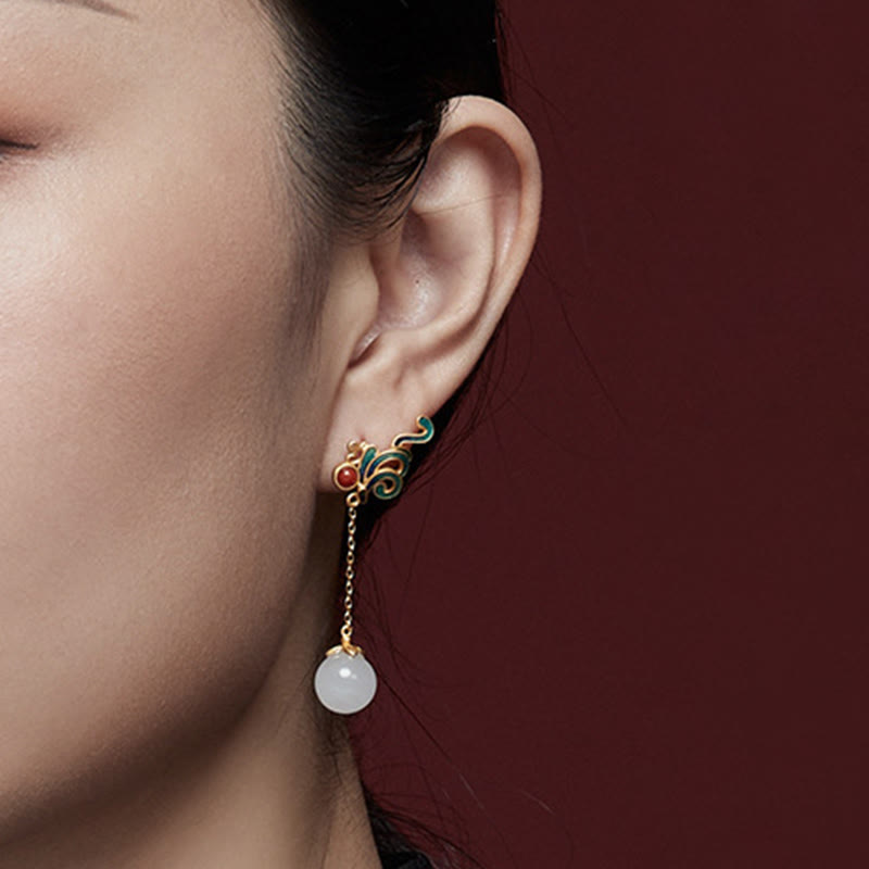 Buddha Stones Vintage White Jade Red Agate Bead Blessing Drop Dangle Earrings Earrings BS 6