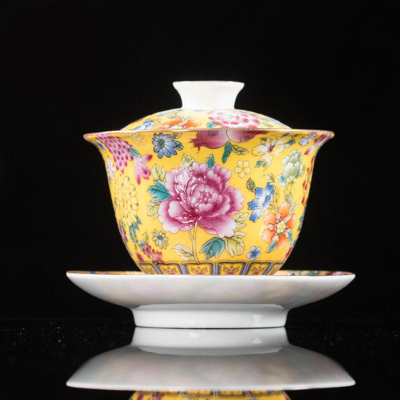 Buddha Stones Peony Flowers Ceramic Gaiwan Sancai Teacup Kung Fu Tea Cup And Saucer With Lid Cup BS Yellow 9.5cm*9.3cm*160ml