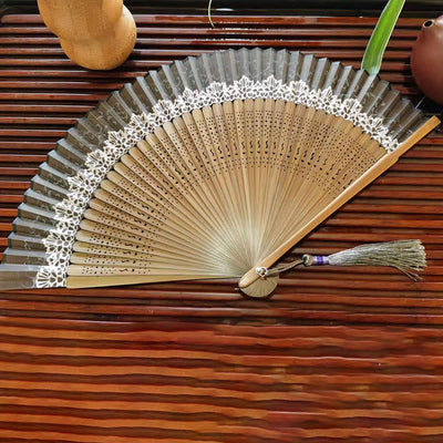 Buddha Stones Simple Hollow Engraved Handheld Bamboo Folding Fan Folding Fan BS 3