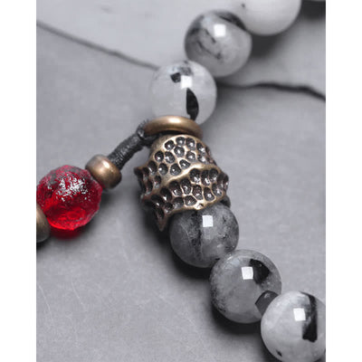 Buddha Stones Black Rutilated Quartz Ebony Wood White Crystal Success Couple Bracelet Bracelet BS 13