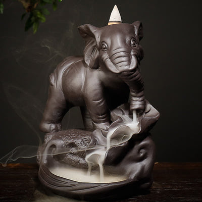Buddha Stones Tibetan Elephant Purple Clay Backflow Smoke Fountain Peace Healing Incense Burner Decoration Incense Burner BS 2
