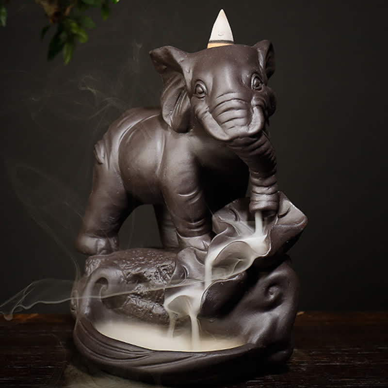 Buddha Stones Tibetan Elephant Purple Clay Backflow Smoke Fountain Peace Healing Incense Burner Decoration Incense Burner BS 2