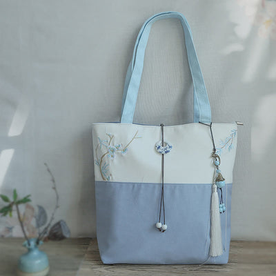 Buddha Stones Pear Flower Plum Peach Blossom Bamboo Embroidery Canvas Large Capacity Shoulder Bag Tote Bag - image 17