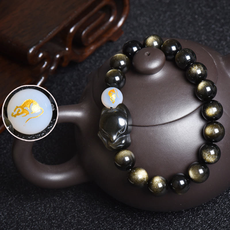 Buddha Stones Natural Rainbow Obsidian Gold Sheen Obsidian Silver Sheen Obsidian Fox Healing Bracelet Bracelet BS 10