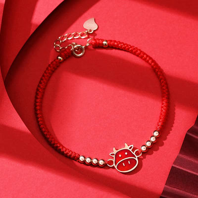 Buddha Stones 925 Sterling Silver Chinese Zodiac Luck Faith Discolor Red String Bracelet Bracelet BS Ox(Wrist Circumference 15-18cm)