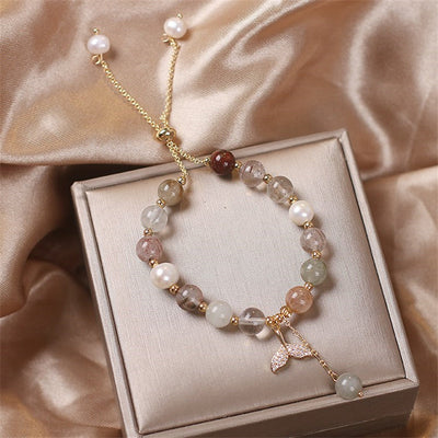 Buddha Stones Strawberry Quartz Rutilated Quartz Fishtail Charm Healing Bracelet Bracelet BS 10