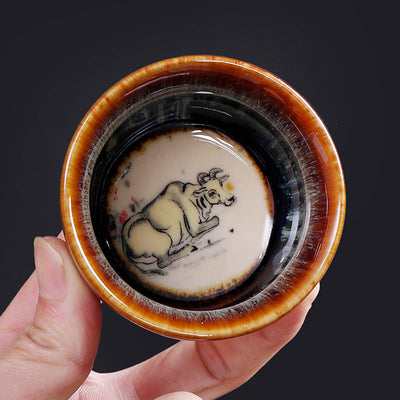 Buddha Stones 12 Chinese Zodiac Pattern Ceramic Teacup Kung Fu Jian Chinese Zhan Tea Cup 73ml Jian Zhan Tea Cup BS 7