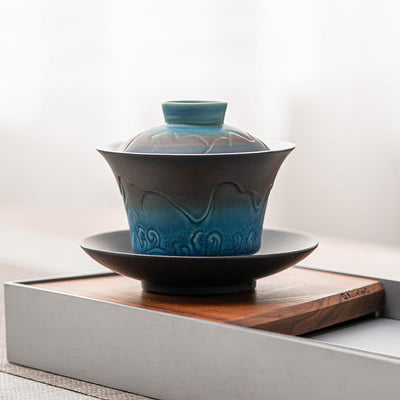Buddha Stones Retro Blue Ocean Sea Waves Gradient Ceramic Gaiwan Sancai Teacup Kung Fu Tea Cup And Saucer With Lid Cup BS 1