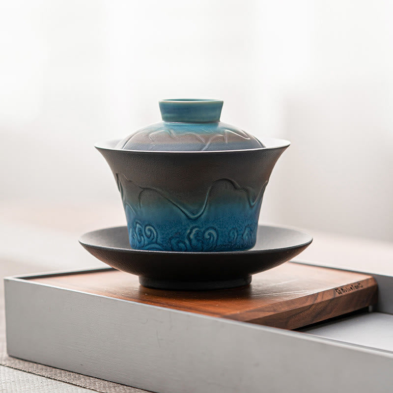 Buddha Stones Retro Blue Ocean Sea Waves Gradient Ceramic Gaiwan Sancai Teacup Kung Fu Tea Cup And Saucer With Lid Cup BS 1