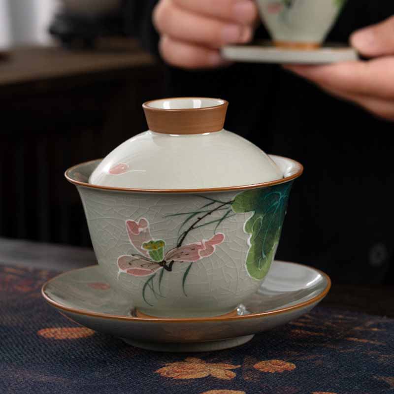 Buddha Stones Lotus Koi Fish Pod Leaf Ceramic Gaiwan Sancai Teacup Kung Fu Tea Cup And Saucer With Lid 140ml Cup BS 4