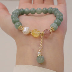 Buddha Stones Jade Pearl Strawberry Quartz Abundance Luck Bead Charm Bracelet