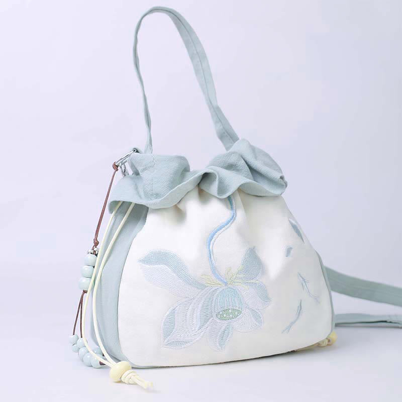 Buddha Stones Suzhou Embroidery Lotus Epiphyllum Magnolia Cotton Linen Tote Crossbody Bag Shoulder Bag Handbag Crossbody Bag BS Green Lotus 20*20*7cm