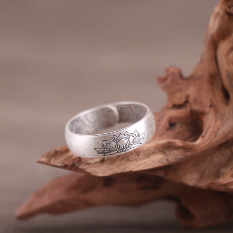 Foviel 999 Sterling Silver Lotus Elephant Six True Words Blessing Ring