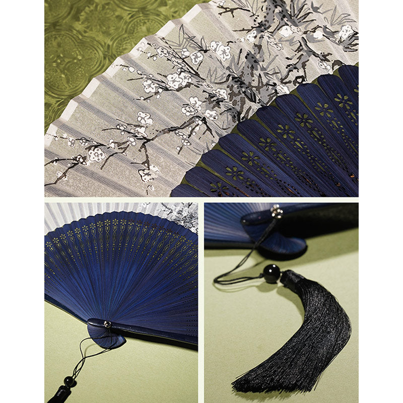 Buddha Stones Ancient Flowers Branches Handheld Bamboo Folding Fan 21cm Folding Fan BS 6