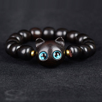 Buddha Stones Ebony Wood Green Sandalwood Red Sandalwood Lovely Cat Balance Bracelet Bracelet BS 1
