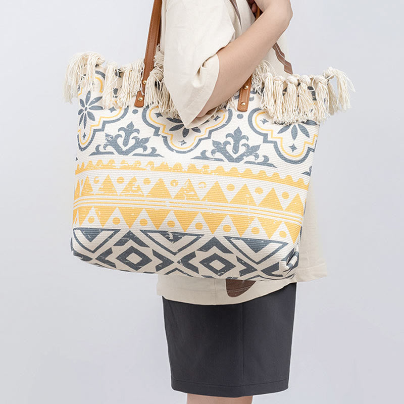 Buddha Stones Large Capacity Boho Geometry Print Tassel Canvas Tote Shoulder Bag Shoulder Bag BS 10