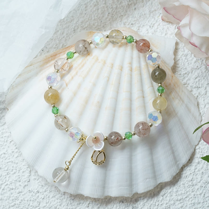 Buddha Stones Strawberry Quartz Rutilated Quartz Fluorite Flower Healing Bracelet Bracelet BS 20