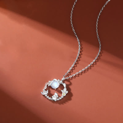 925 Sterling Silver Year of the Rabbit Moonstone Moon Flower Pattern Necklace Pendant Bracelet Earrings Necklaces & Pendants BS Necklace Silver