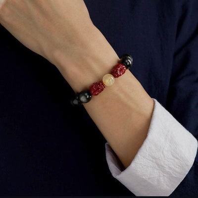 Buddha Stones Gold Sheen Obsidian PiXiu Cinnabar Om Mani Padme Hum Protection Bracelet Bracelet BS 6