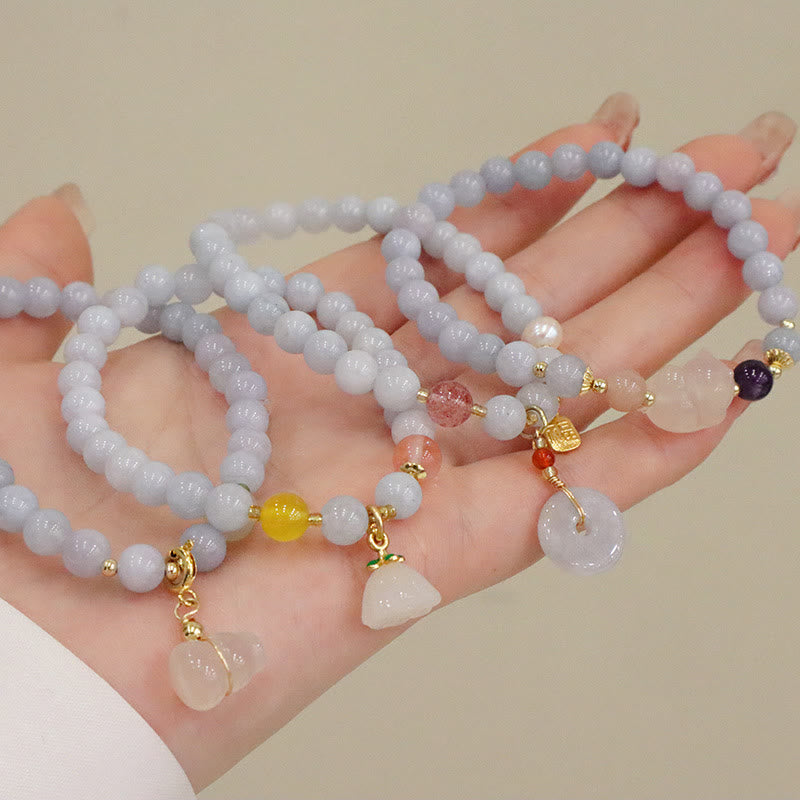 Buddha Stones Natural Aquamarine Chalcedony Serenity Rabbit Gourd Cat Charm Bracelet Bracelet BS 13