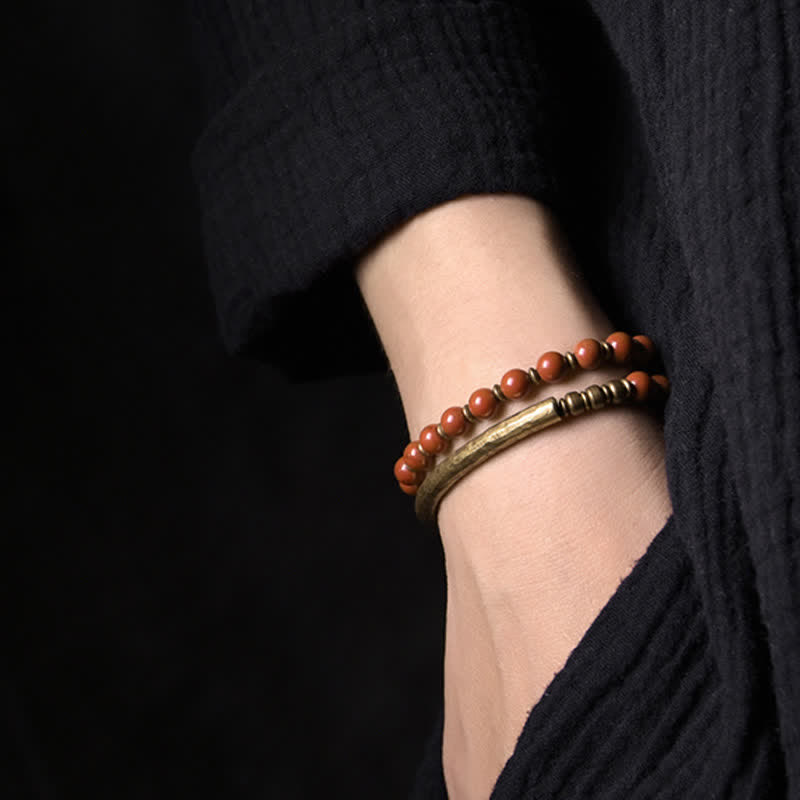 Buddha Stones Red Jasper Moss Agate Black Obsidian Crystal Copper Peace Couple Bracelet Bracelet BS 1
