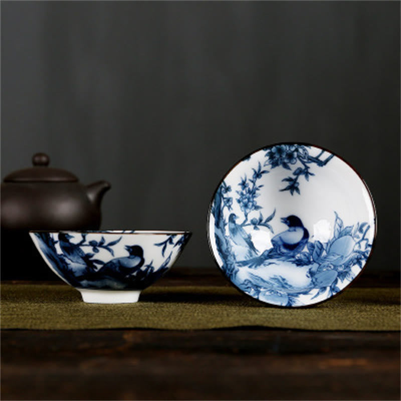Buddha Stones Flowers Fu Character Mountains Lotus Cherry Blossoms Ceramic Teacup Kung Fu Tea Cup Cup BS Dark Blue Bird Branches 8.5cm*4cm*90ml