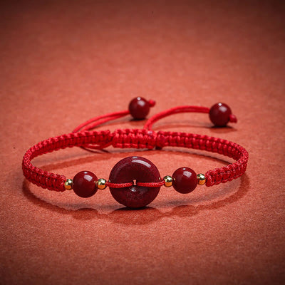 Buddha Stones Natural Cinnabar Peace Buckle Blessing String Bracelet Bracelet BS Red Rope(Wrist Circumference 14-18cm)
