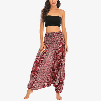 Buddha Stones Two Style Wear Elephant Pattern Loose Smocked Harem Trousers Jumpsuit Women's Yoga Pants Harem Pants&Bodysuit BS 1