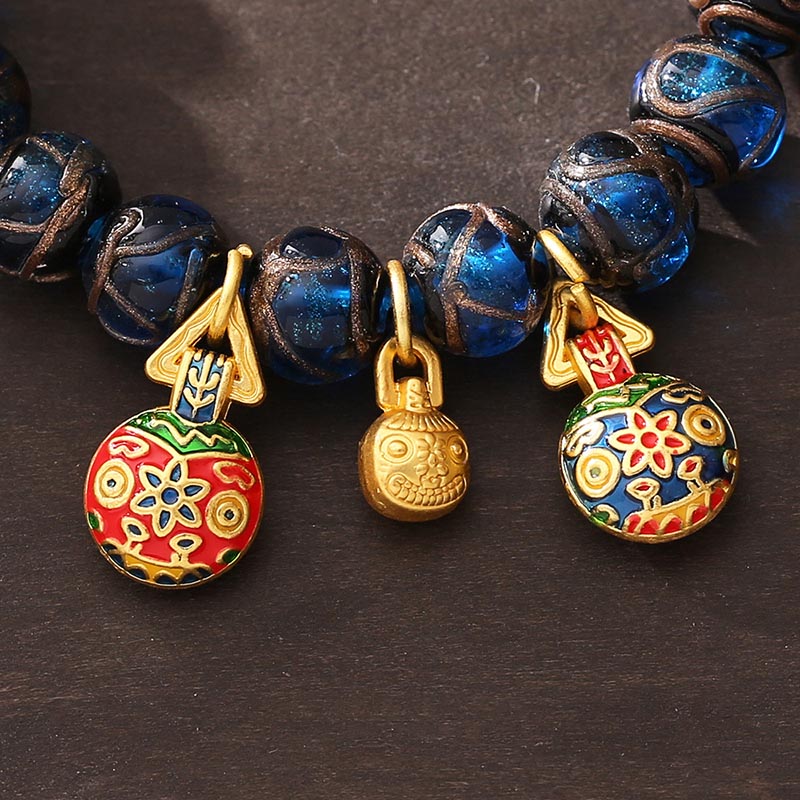 Buddha Stones Gold Swallowing Beast Luck Charm Blue Liuli Glass Bead Fortune Bracelet Bracelet BS 1