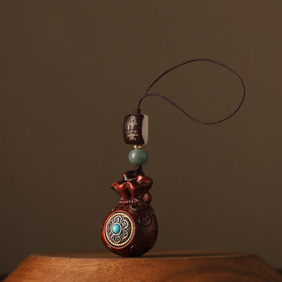 Porte-clés rotatif de protection Foviel en bois de santal rouge à petites feuilles et bois de santal vert, motif sac d'argent et Om Mani Padme Hum, décoration à suspendre pour téléphone