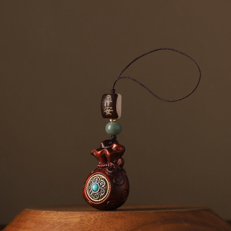 Porte-clés rotatif de protection Foviel en bois de santal rouge à petites feuilles et bois de santal vert, motif sac d'argent et Om Mani Padme Hum, décoration à suspendre pour téléphone