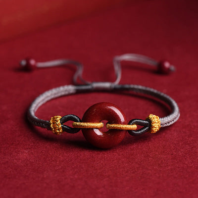 Buddha Stones Handmade Cinnabar Peace Buckle Blessing Braided Rope Bracelet Bracelet BS Gray Rope(Wrist Circumference 14-23cm)