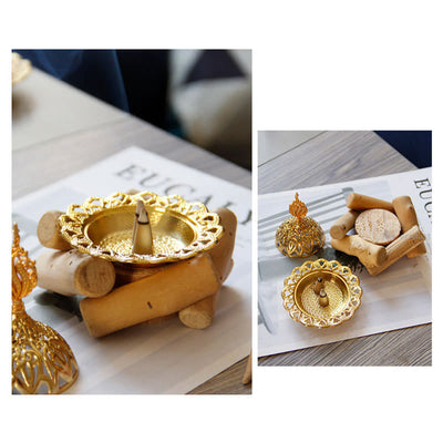 Buddha Stones Gold Alloy Healing Mini Incense Burner With Wooden Coaster Home Decor Incense Burner BS 8