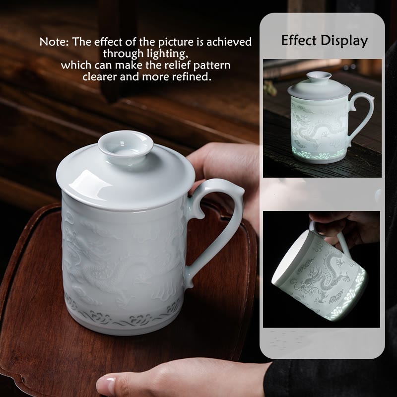 Buddha Stones Jingdezhen Linglong Porcelain Auspicious Dragon Phoenix Boat Smooth Sailing Ceramic Teacup Office Tea Cups 420ml Cup BS 3