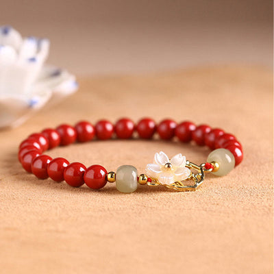 Buddha Stones Natural Cinnabar Jade Beaded Tridacna Stone Flower Blessing Bracelet Bracelet BS 10