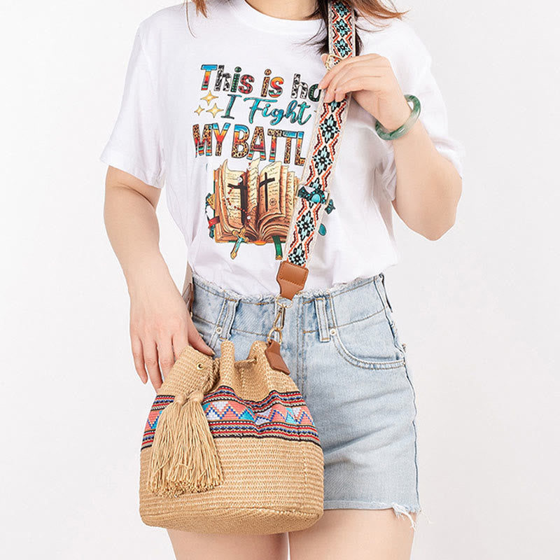 Buddha Stones Beach Geometry Straw Woven Bucket Tassels Crossbody Bag Shoulder Bag Crossbody Bag BS 10