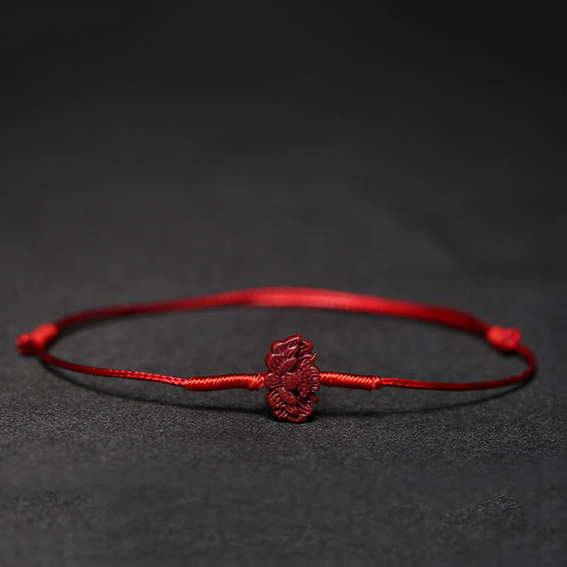 Buddha Stones Handmade Plum Blossom Four Leaf Clover PiXiu Lotus Koi Fish Cinnabar Blessing Braid Bracelet Bracelet BS Red(Wrist Circumference 14-19cm) Lotus