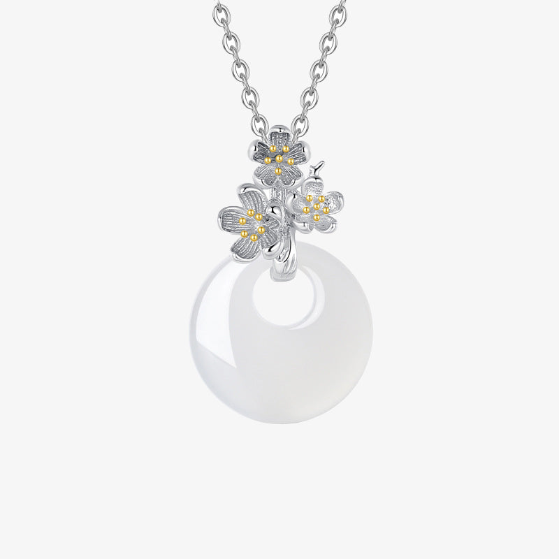 Buddha Stones 925 Sterling Silver Round Chalcedony Twelve Months Flower Harmony Necklace Pendant Necklaces & Pendants BS Plum Blossom