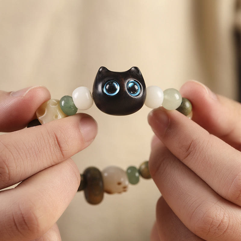 Bracelet de paix Foviel avec tête et patte de chat en graine de Bodhi, bois de santal vert, bois d'ébène et bois de santal rouge à petites feuilles