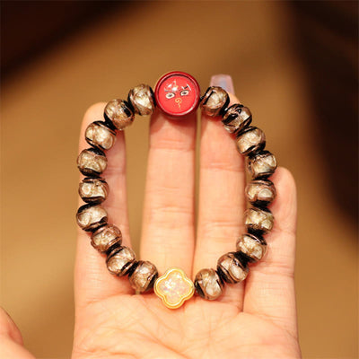 Buddha Stones Tibetan Gold Swallowing Beast Family Five God Of Wealth Thangka Fortune Bead Bracelet Bracelet BS White Black-Red God Of Wealth