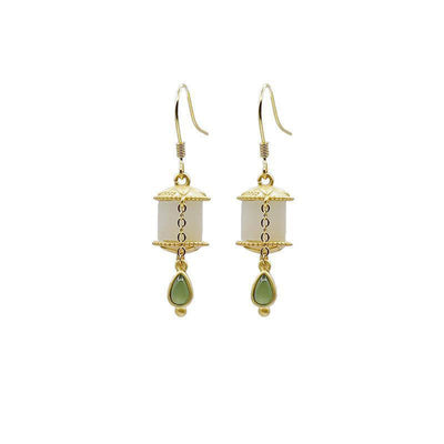 Buddha Stones 925 Sterling Silver Jade Prayer Wheel Luck Drop Earrings Earrings BS 12