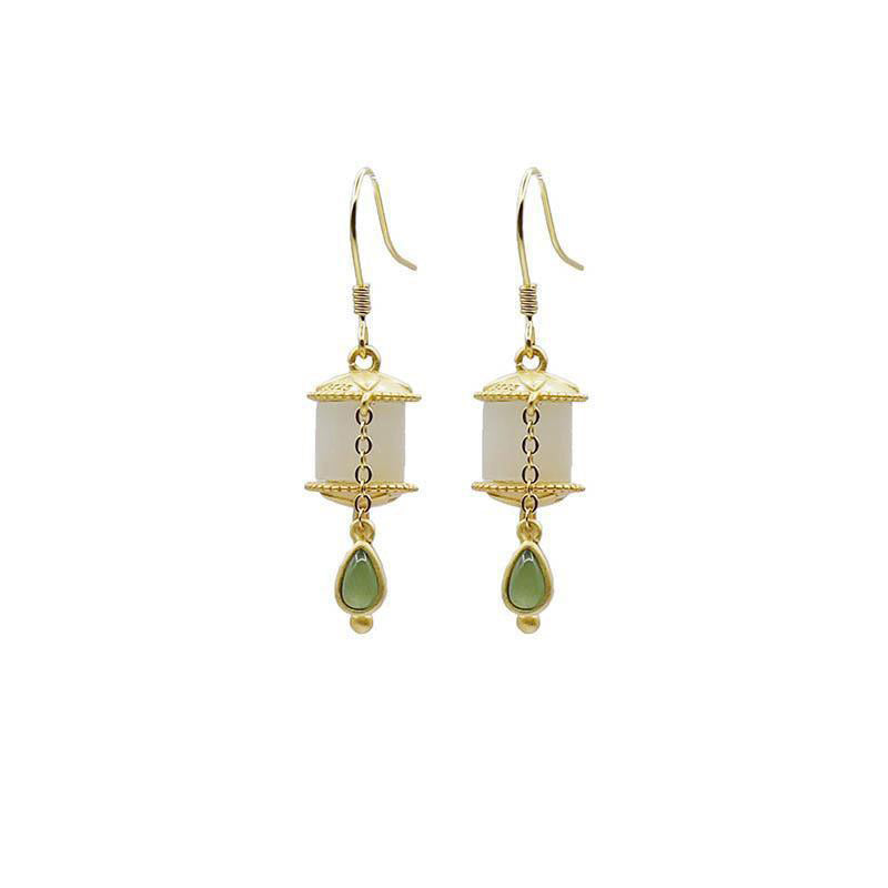 Buddha Stones 925 Sterling Silver Jade Prayer Wheel Luck Drop Earrings Earrings BS 12