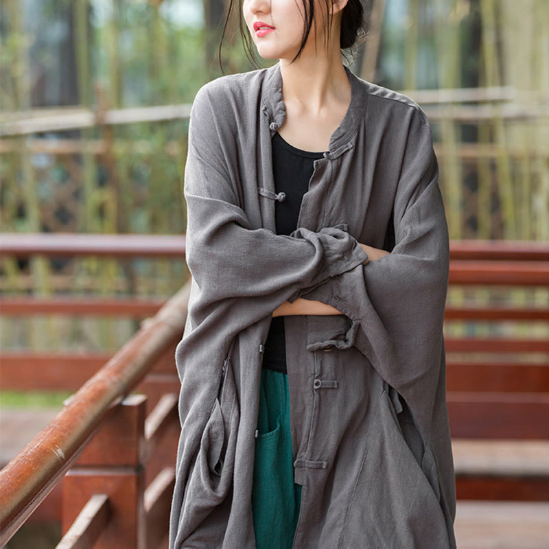 Buddha Stones Frog-Button Long Sleeve Zen Meditation Open Front Jacket With Pockets 18