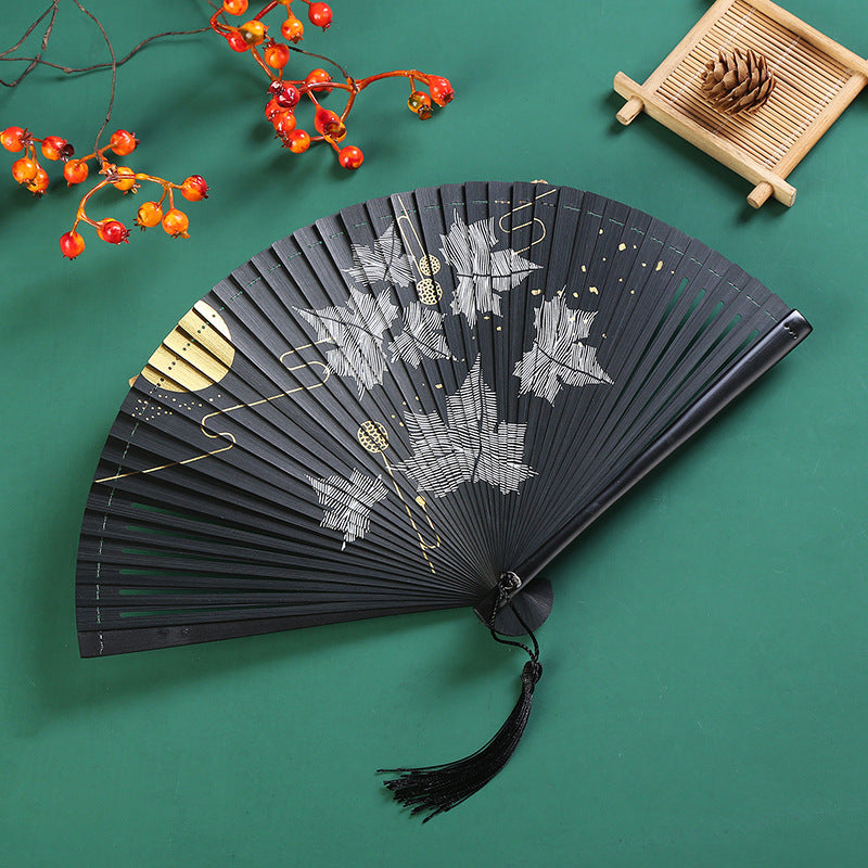 Buddha Stones Vintage Cloud Crane Maple Leaf Pattern Handheld Bamboo Folding Fan Folding Fan BS Maple Leaf Black 18.5cm