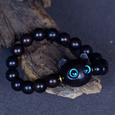 Buddha Stones Ebony Wood Liuli Glass Lovely Cat Peace Balance Bracelet Bracelet BS 10