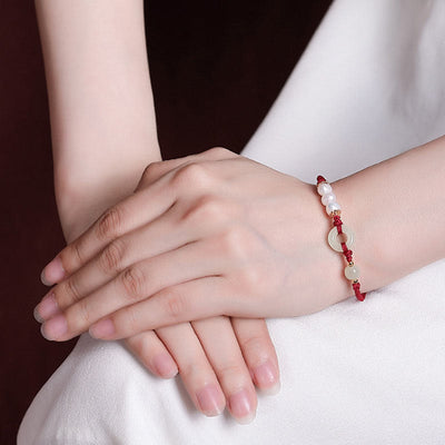 Buddha Stones 925 Sterling Silver Plated Gold Hetian Jade Peace Buckle Pearl Luck Bracelet Bracelet BS 8
