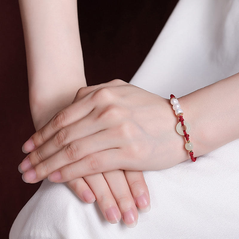 Buddha Stones 925 Sterling Silver Plated Gold Hetian Jade Peace Buckle Pearl Luck Bracelet Bracelet BS 8