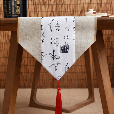 Buddha Stones Classic Chinese Style Lotus Koi Fish Flower Crane Calligraphy Enlightenment Cotton Linen Tassels Table Runner Table Runner BS Beige White Calligraphy 30*180cm